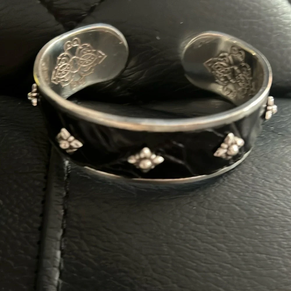 Brighton Joplin Black Leather Crystal Silver Cuff Bracelet - Picture 1 of 4
